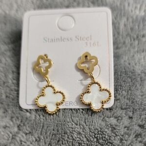 Gold-Tone White Clover Drop Earrings - Stainless Steel